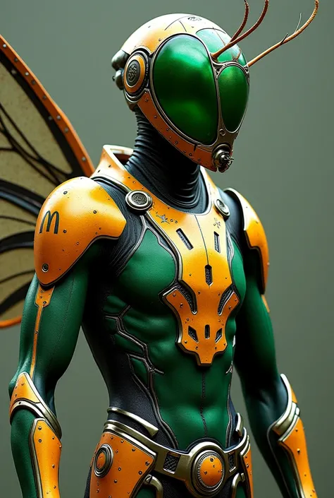  Ultra high resolution photo ，Realistic texture ， Man wearing bodysuit ， wearing a mosquito-like helmet， Belt with green transparent eye ， Combination of Insect Shell and Mechanical Structure，Combination of green and gold ， wing structure belt ， metal wing...