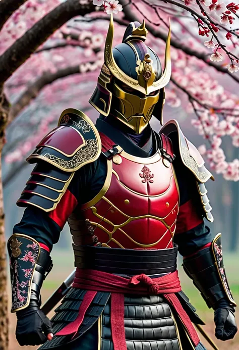 A full-body ultra-realistic elite samurai warrior, blending ancient tradition with futuristic innovation. He stands tall and imposing, his battle-hardened face partially hidden beneath a high-tech kabuto helmet, adorned with glowing energy lines and an int...