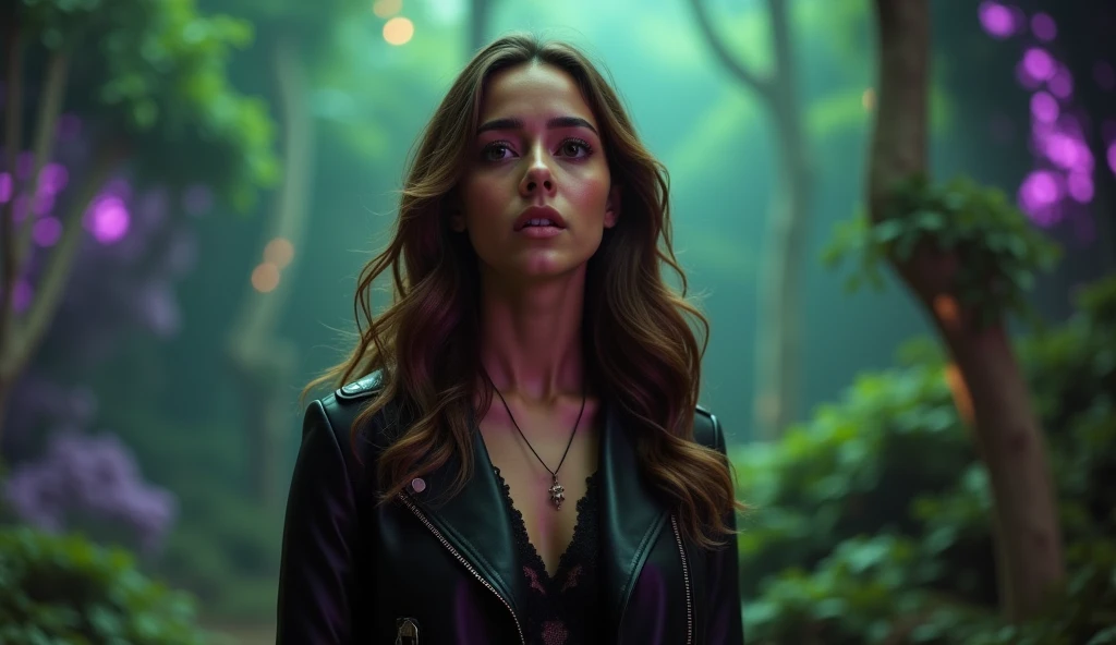 Prompt:
hyper-realistic cinematic close-up, Lyra (27-year-old girl, wavy chestnut brown hair, black leather jacket, taupe cargo pants, black boots) with an expression of awe, glowing green and purple light from the alien flora reflecting on her face, drama...