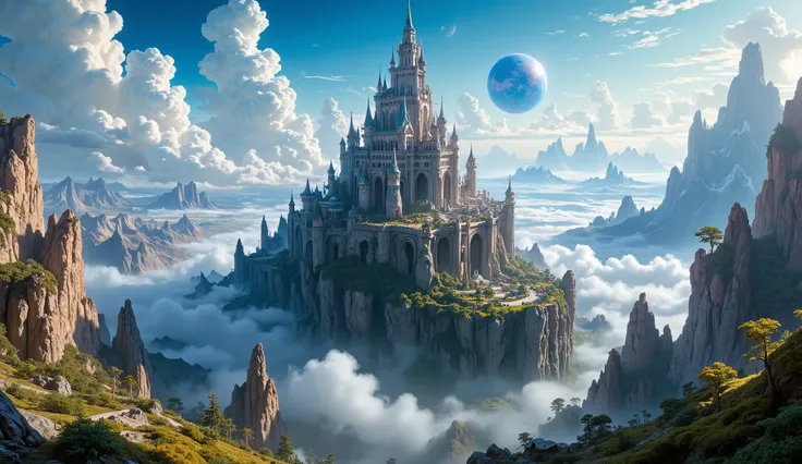 (( masterpiece)),(( the best quality)),((alto detalle)),(( Realistic,))  A beautiful castle and its city above the mountains,  a heavenly and magical forest beautiful ,  big clouds enveloping the landscape , un hermoso sky, un beautiful planet  en el sky, ...