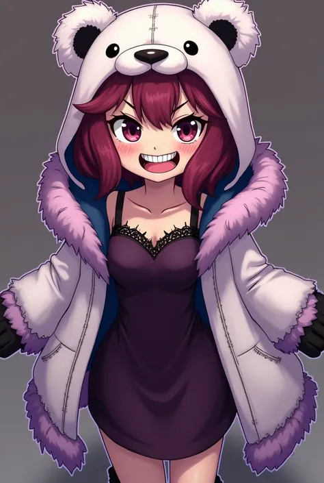  Maddy has wavy burgundy hair ,  cut at shoulder height .  Her eyes are large and bright ,  but they hide a cunning and enigmatic expression .  Her wide mouth reveals sharp teeth ,  giving her a predatory appearance and an intimidating smile .  She wears a...