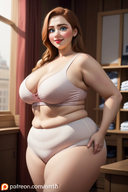 woman, ((Masterpiece, best quality)), detailed skin, highly detailed, cinematic lighting, ultra realistic, blush, looking at viewer, anna, anna from frozen, princess, disney, brown hair, long hair, portrait, working at a ‘°Plus ‘°Size wears store for women...