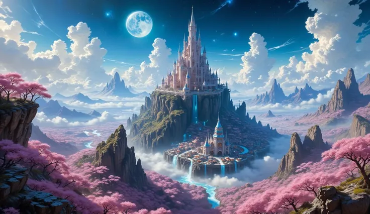 (( masterpiece)),(( the best quality)),((alto detalle)),(( Realistic,))  A beautiful castle and its city above the mountains, A forest of cherry blossoms ,  big clouds enveloping the landscape , un hermoso sky, una Beautiful moon en el sky, Beautiful fores...