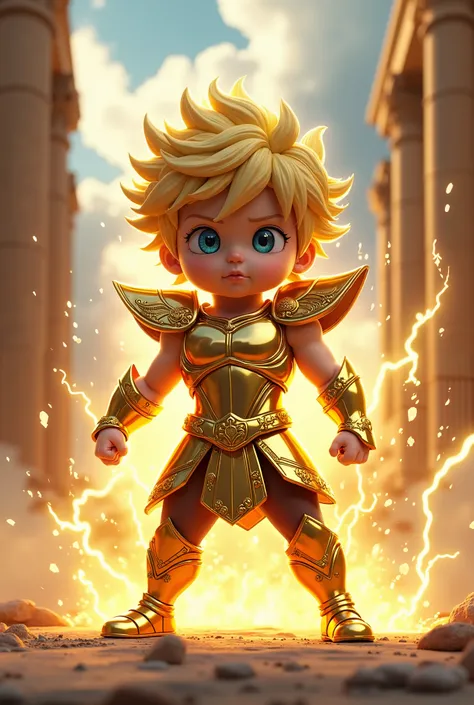 

"A highly detailed and semi-realistic 3D-rendered baby warrior, inspired by anime, standing in a powerful and furious pose, wearing a Gold Cloth armor inspired by Saint Seiya (Knights of the Zodiac). The armor is sleek, metallic, and intricately designed...