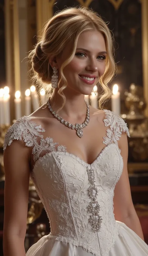 (((best quality))),(((ultra detailed))),(((masterpiece))),illustration,a girl,slim,bun,alluring,sexy,charming,smile,crystal necklace,white lace wedding dress, big breasts, hourglass figure, Set the scenario in a luxury church full of gold details, night sc...