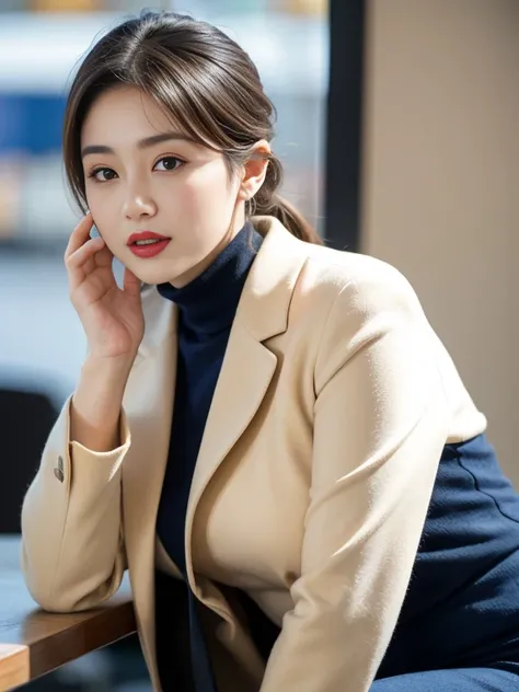 (HD, masterpiece, anatomically correct, textured skin, super detail, best quality, 8k,  Sharp Focus 、(Look at me:1.8)、 professional lighting)、 is placed in the center of the screen、30 year old mature woman、 A Japanese woman 、 turtleneck sweater、 trench coa...