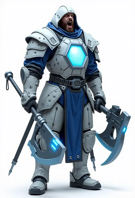  knight clad in white and cobalt blue puffer armor that appears forged from the very steel of the city's skyscrapers. The knight's imposing figure is punctuated by a sleek, big flat hexagonal monitor screen adorning his chest, pulsing with a soft blue glow...