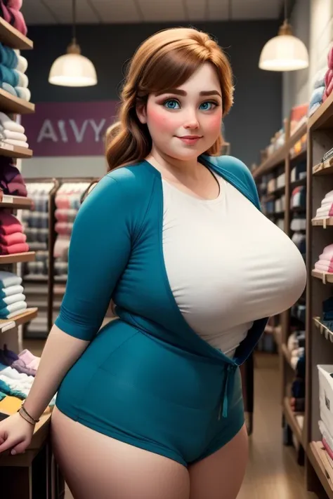 woman, ((Masterpiece, best quality)), detailed skin, highly detailed, cinematic lighting, ultra realistic, blush, looking at viewer, anna, anna from frozen, princess, disney, brown hair, long hair, portrait, working at a ‘°Plus ‘°Size wears store for women...