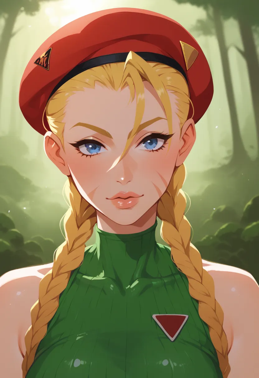 score_9, score_8_up, score_7_up, Anime Style, Portrait, Cammy White, cute, seductive, innocent, light smile:0.3, plump lips, slender body, blonde hair, twin braids, red beret, blue eyes, green leotard, sleeveless, camouflage, rays of sunshine through fog, ...