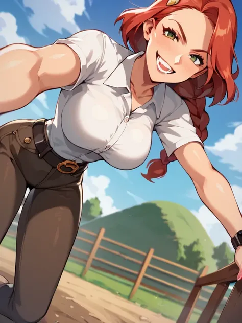  score_9,  score_8_up,  score_7_up,  score_6_up, nsfw，  uncensored ，Jesse XLP is on all fours and leaning forward, evil smile,  Horny face  , saliva,  above Decorati has ,  red hair,  braided, bow, belt,  Animal Print , Ox handle,   pants,  Bbo~,Big Breast...