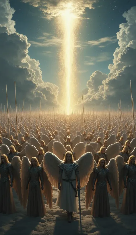 a legion of 1000 angels men in heaven fighters with swords in their hands determined to fight at night with challenging looks, with clouds around them and in the background you can see thunder 