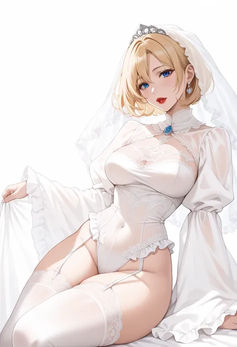  mature woman, blonde,  short hair,  blue eyes,  red lips ,  medium breasts,  thick thighs ,  curvy body , ruanyi0618 ,bridal Veil,frills,frilled sleeves,long sleeves,white leotard,white thighhighs,wide sleeves,see-through,Veil, garter belt,clothing cutout...