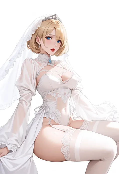  mature woman, blonde,  short hair,  blue eyes,  red lips ,  medium breasts,  thick thighs ,  curvy body , ruanyi0618 ,bridal Veil,frills,frilled sleeves,long sleeves,white leotard,white thighhighs,wide sleeves,see-through,Veil, garter belt,clothing cutout...