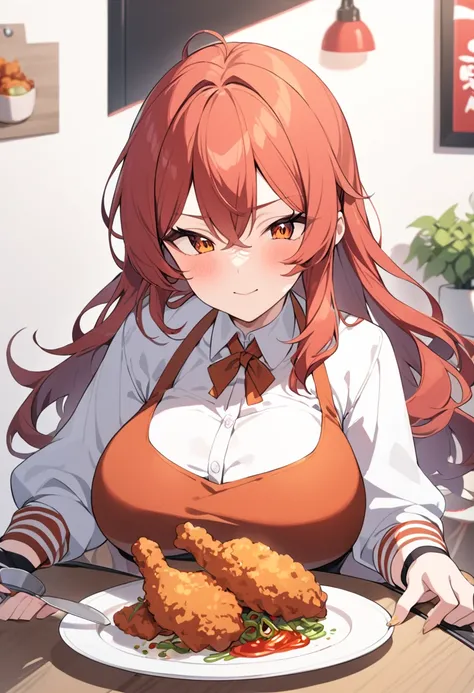 Girl serving spicy fried chicken on a plate　, large breasts,