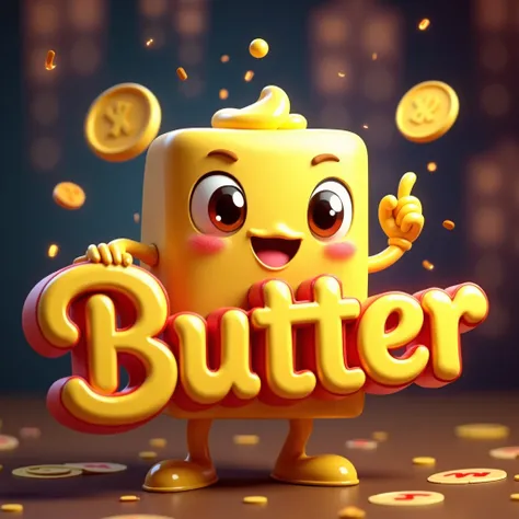 Create a logo for a casino slot platform with the name butter in an animated 3d style make it on a creative model in the same theme as the name, add  Slot Machine casino element,  no background
