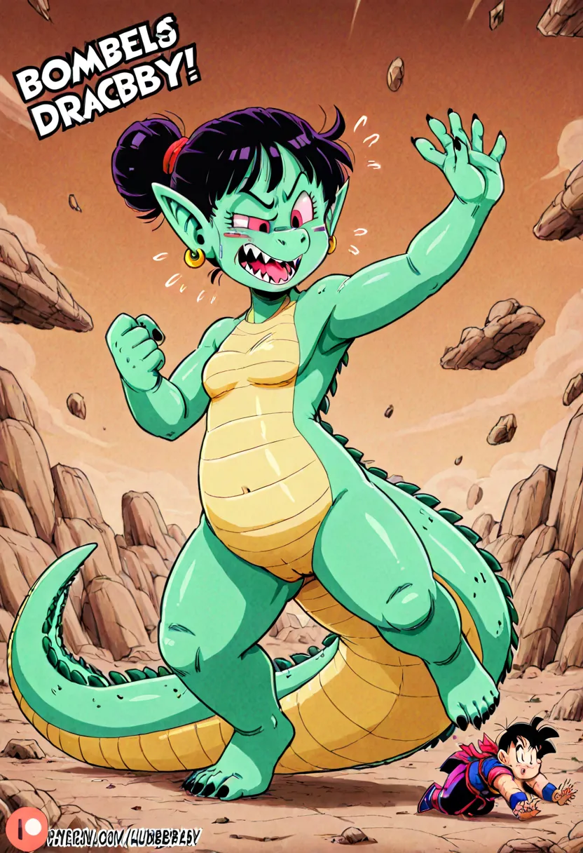 Multiverse Dragon Ball Goku chubby girl in full transformation fighting an alien crocodile 