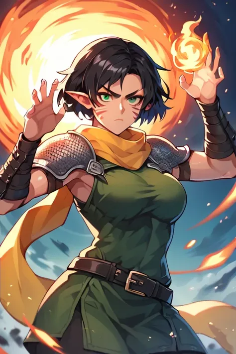  score_9,  score_8_up,  score_7_up,  1 girl, Alone,   Sulphur's M3rr1ll ,   pointed ears ,  Face Tattoos , Facial markings,  short hair,   black hair,  GREEN EYES ,
 chainmail sleeve , green tunic ,  yellow scarf,  fur-trimmed shoulder pads, Leather Bracer...