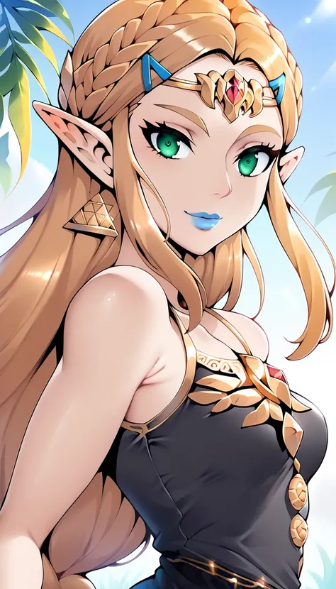  score_9,  score_8_high,  score_7_high,  score_6_high, geewhy_silent,  princess Zelda ,
  1 girl, Alone,   looking at the observer, , Gold, braided hair, long hair in a braid,   green eyes,   blondes Hair,  pointed ears,  fair-skinned woman , Make-up, lips...