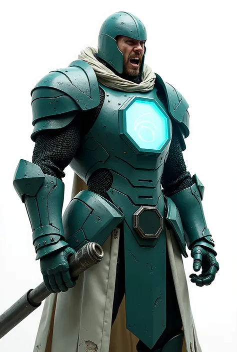  knight clad in damaged scratched and dented navy green and white armor that appears forged from the very steel of the city's skyscrapers. The knight's imposing figure is punctuated by a sleek, big flat hexagonal monitor screen adorning his chest, pulsing ...