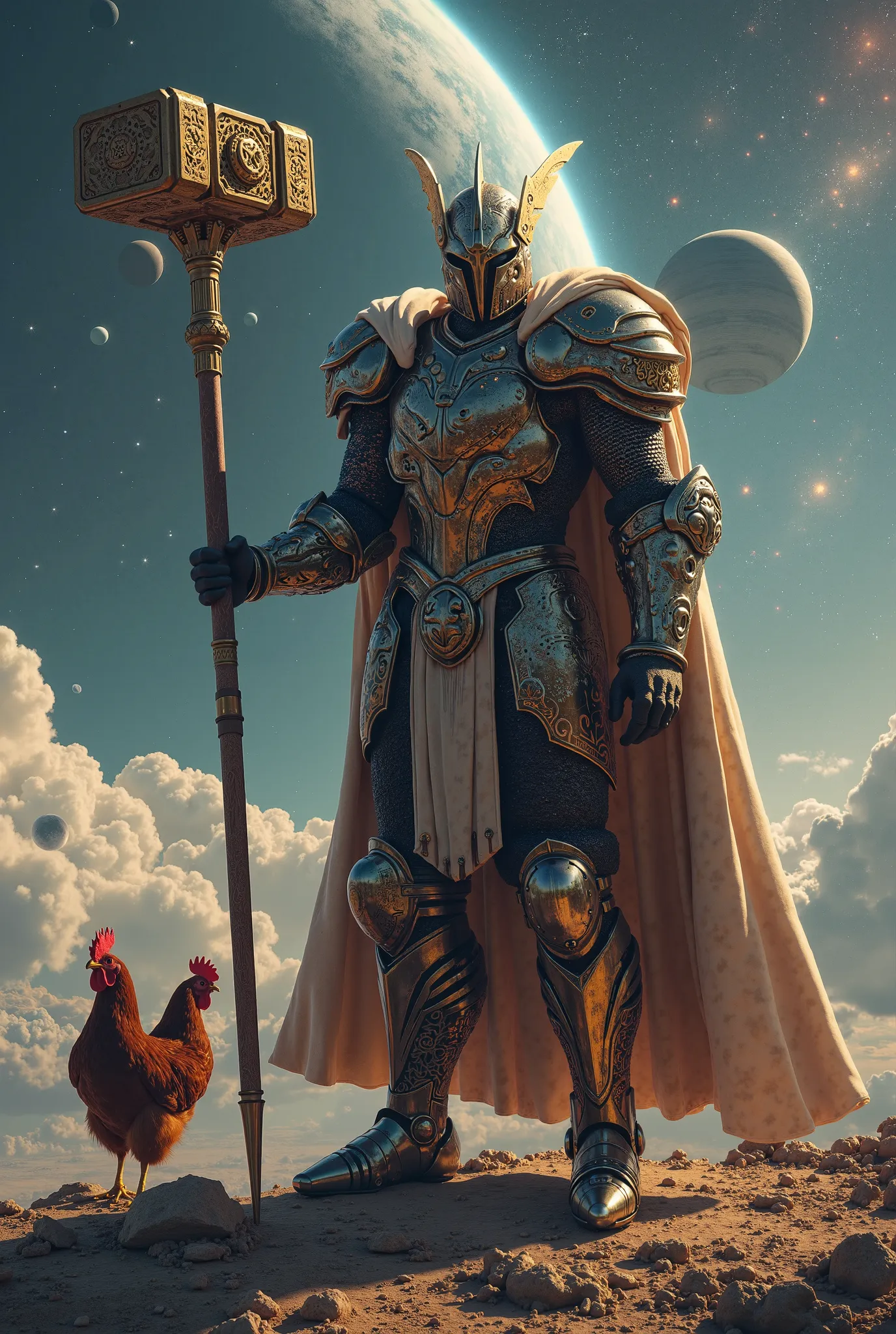 A zodiac knight of the sign Libra with an  "Thor"  hammer in his hand and with a pet chicken in a realistic futuristic interstellar landscape