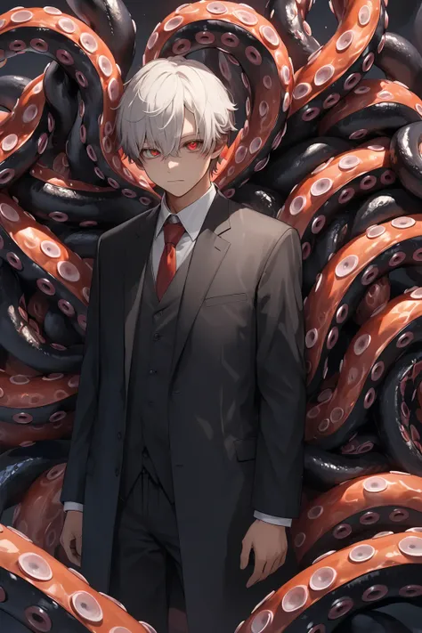 This is a guy ,  who can't even see his face,  just a black shadow ,  with a pair of huge red eyes ,  surrounded by something ,  that looks like tentacles .  Mysterious and awesome .