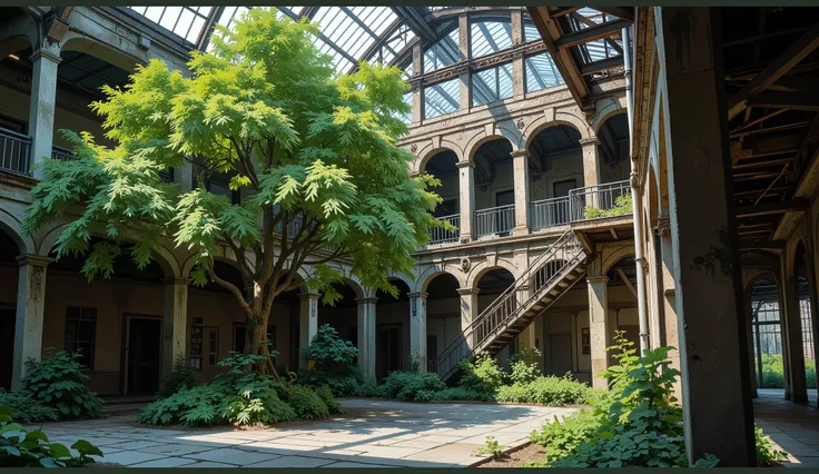 (realistic accurate), a weeping beech tree in a corner of an asymmetrical inner courtyard of a former ruined factory with a glass roof, metal stairs, watercolor