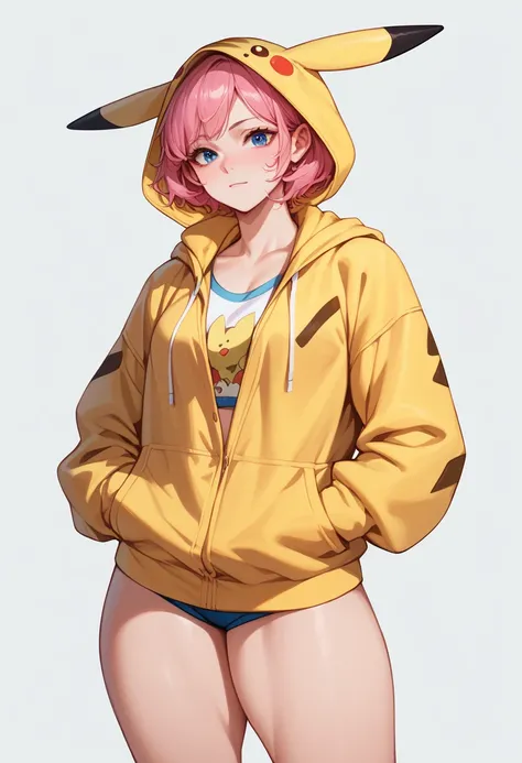 Appearance :  Young Woman,  muscular body,  thick thighs,  medium breasts,  big jacket,  pink hair,  short hair,  white skin,  blue eyes,  delicate face Clothes: pikachucosplay, pikachu \(pikachu\), character print, hood,  hoodie, yellow  hoodie,