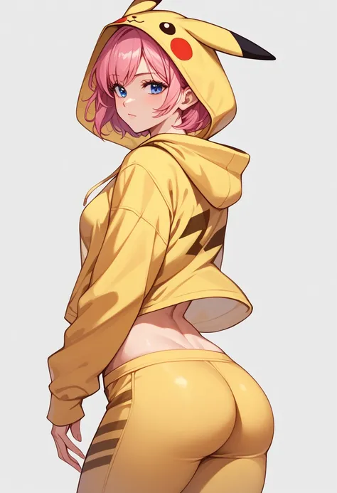 Appearance :  Young Woman,  muscular body,  thick thighs,  medium breasts,  big jacket,  pink hair,  short hair,  white skin,  blue eyes,  delicate face Clothes: pikachucosplay, pikachu \(pikachu\), character print, hood,  hoodie, yellow  hoodie,   Pose:  ...