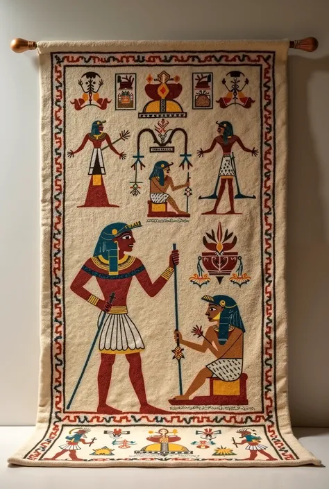 A standing picture of a carpet made by hand with wool, with pharaonic drawings of wool