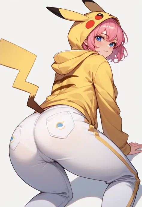 Appearance :  Young Woman,  muscular body,  thick thighs,  medium breasts,  big jacket,  pink hair,  short hair,  white skin,  blue eyes,  delicate face Clothes: pikachucosplay, pikachu \(pikachu\), character print, hood,  hoodie, yellow  hoodie,   Pose> o...