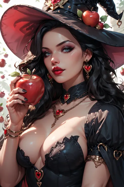  girl, long black hair，black queen，Accessories， apple in hand ，Poison apples，witch queen，  red lipstick