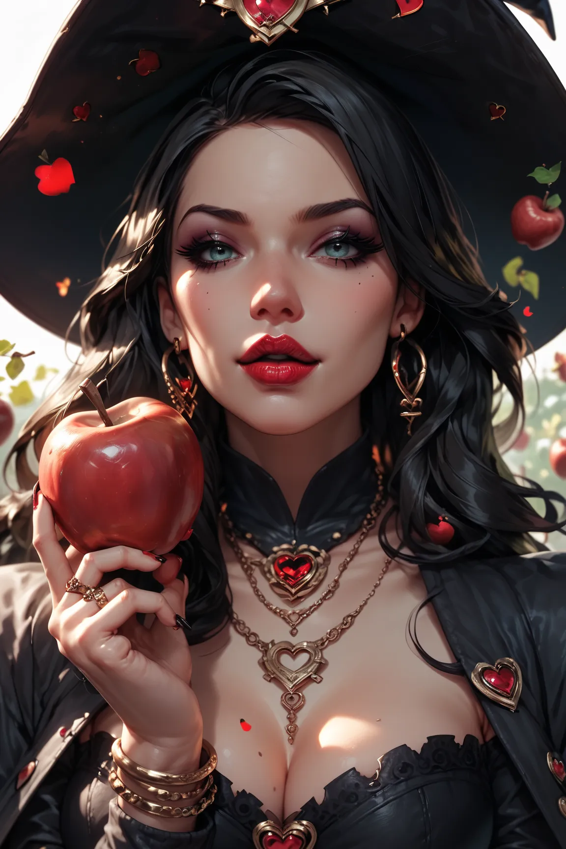  girl, long black hair，black queen，Accessories， apple in hand ，Poison apples，witch queen，  red lipstick