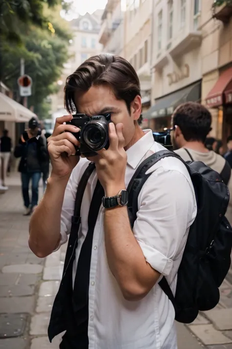 A handsome male photographer is taking a picture, covering his face.

