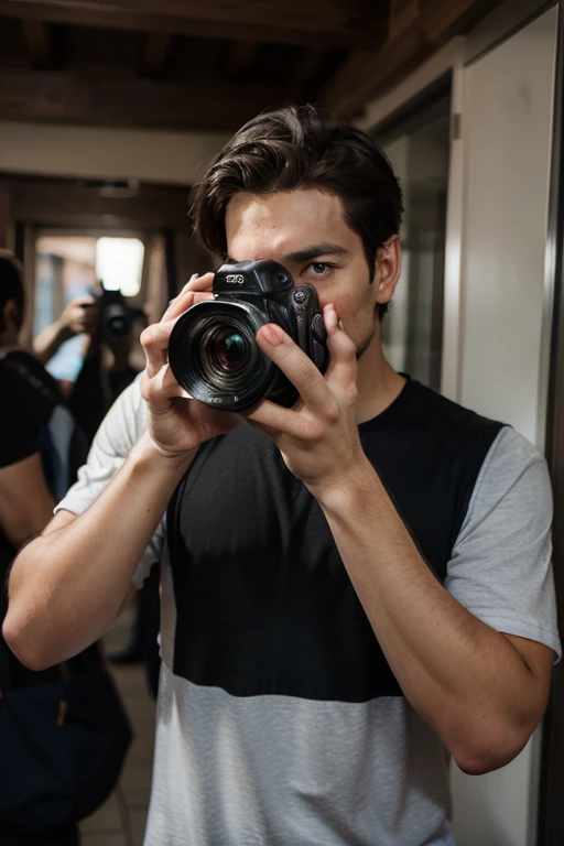 A handsome male photographer is taking a picture, covering his face.

