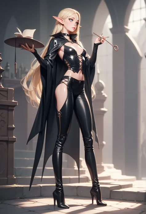 Pale skin,Shiny skin,blonde very long hair, big blue eyes,thick blonde eyelashes,Sting,Pointed ears,Long nails,skinny body,full body,elf,16k,Witch,Black high heel boots,Shiny black leather pants