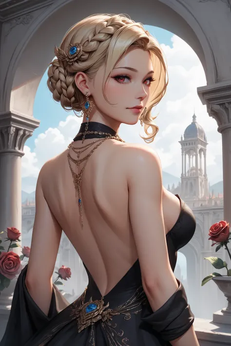 (( masterpiece)), ((  rolled up  )), ( very detailed), (( very detailed)), 4K, (8k),  very aesthetic , absurdres highres, 1 woman, mature woman,  perfect anatomy, Dress, Alone,   blondes Hair, red eyes, hair accessories,  jewelry,  earrings, black Dress, h...