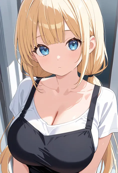 1girl, long hair, blonde hair, blue eyes, straight bangs, sidelocks, large breasts, low pigtails, long pigtails