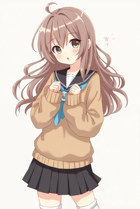 anime style, a cute girl, 1 girl, alone, school uniform, beautiful ligth brown hair, long wavy hair, loose hair, beautiful gray-brown eyes, ((beautiful eyes))0, teasing smile, adorable, loose cute school clothes, long sleeves that cover her hands, black sk...