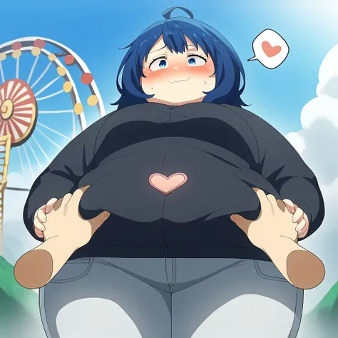 Yanamians,  medium hair, ahoge, blue hair, blue eyes,  big boobs,  standing, black shirt, heart-shaped cutout neckline, hooded coat,  long sleeves, tight pants,  jeans,  open-mouthed, Blush,  smile, open air,  amusement park, Ferris Wheel,  from the front,...