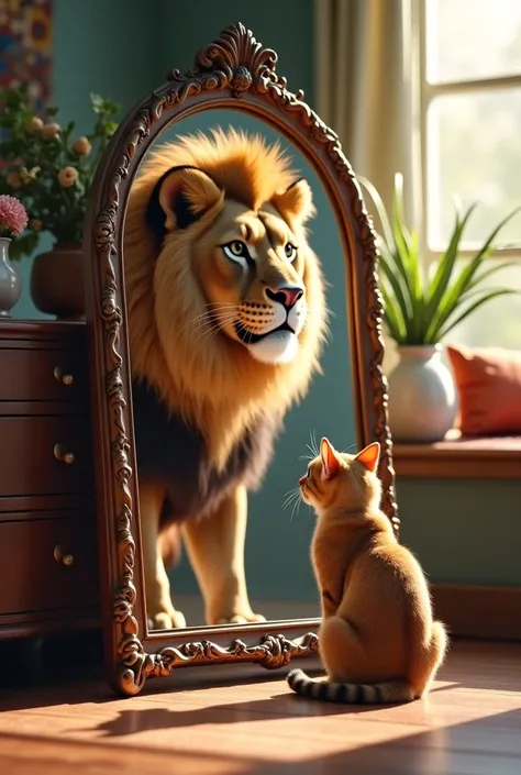 Image of the cat seing himself in the mirror as a big lion