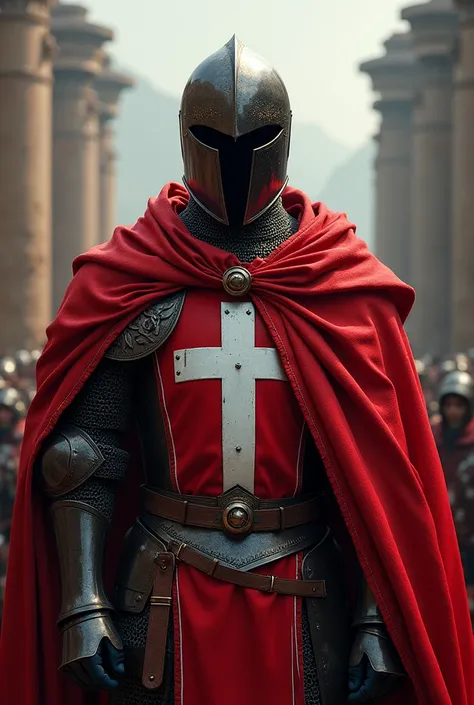 A knight in dark red armor, a red and white cloak, a helmet that covers his entire face and a Roman cross on his chest. 