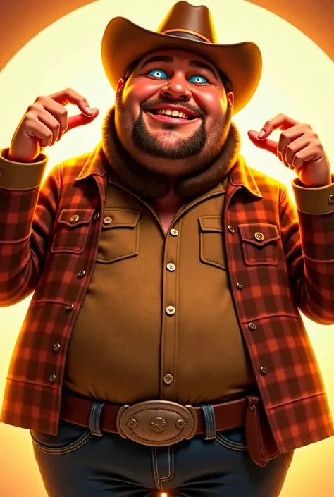 Pixar, Fat man, voluminous beard, American , Bearded Cowboy ,  bright light, happy,  smiling,  full body ,  MAKE A HEART WITH YOUR HANDS , with sunglasses 