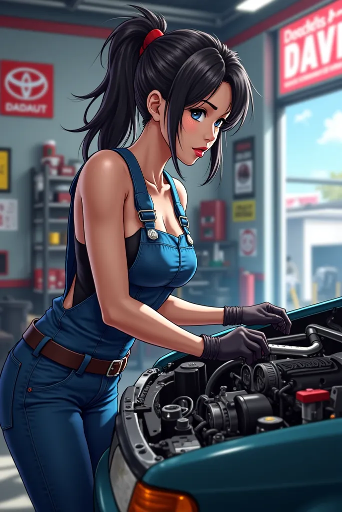 Fille. sexy. mechanic. anime. garage. Broken down car