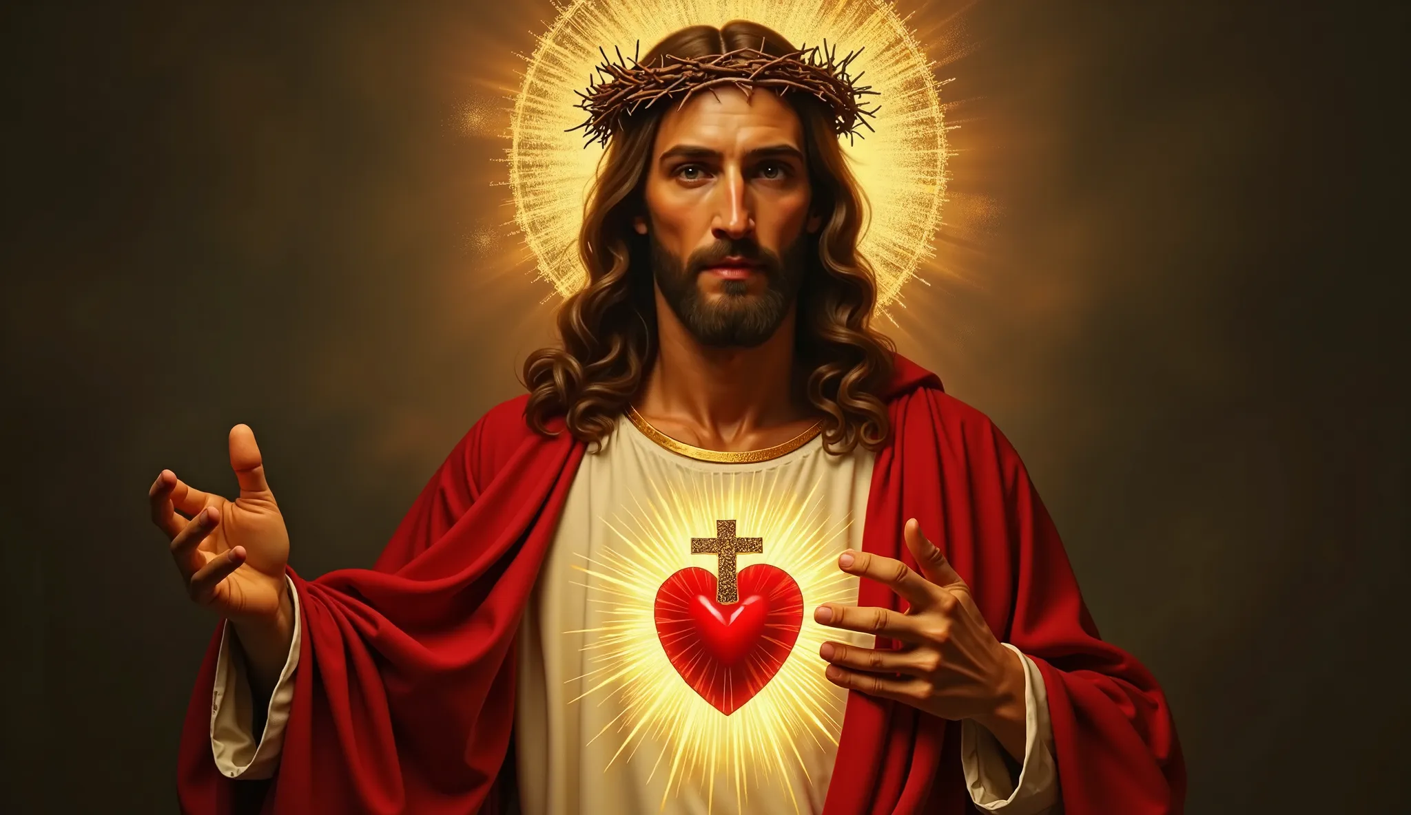 Positive prompt:
Sacred Heart of Jesus portrait, traditional Catholic iconography, Jesus Christ wearing a red robe with pure symbolic heart shape (no anatomical details) wrapped in crown of thorns, intense divine radiance and golden light rays emanating fr...