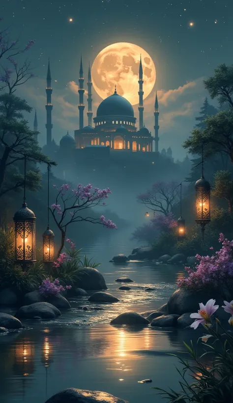 Create 3D a serene and mystical digital wallpaper in dark mode. Inspired by Islamic culture, a combination of Islamic cultural elements and Islamic lanterns. The composition features a landscape of the Masjid mountain with its luminous peaks, surrounded by...