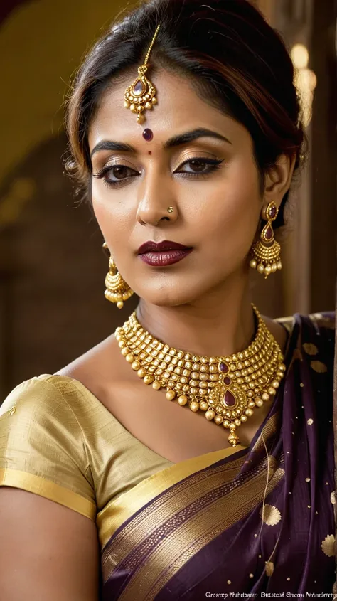 Looks like Nayanthara, thick figure, bulky figure, fleshy figure, black lips, masterpiece Portrait, Indian ethnic jewellery, (aesthetic), dusky goddess, rathidevi, kamadevi, alluring figure, sexy navel folds, beautiful hypnotizing gazing eyes, Full figured...