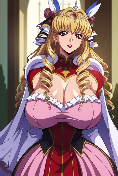 (masterpiece, best quality, absurdres, 4k, aesthetic, detailed, intricate),1girl,nikkecrwn,tiara, hair ribbon, long blonde drill hair, drill locks, dress up like Marrybell from code geass, cosplay as marrybell, huge breasts