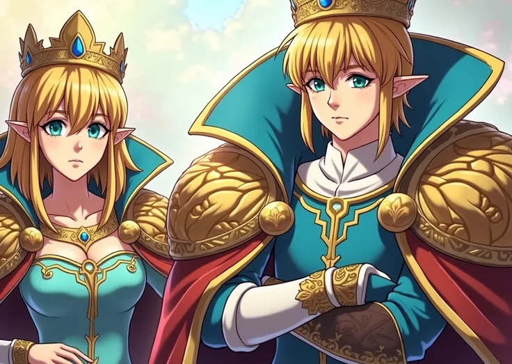 Anime King Link wearing a Massive popped collar with a collar so high it's taller than his head he's standing with his Queen Zelda