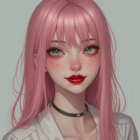 ,  extra long straight light pink hair with bangs,  green eyes,  red glitter lips , in a white blouse, sadistic face , Smiling,  Masterpiece ,  Luchshee Kachestvo, 