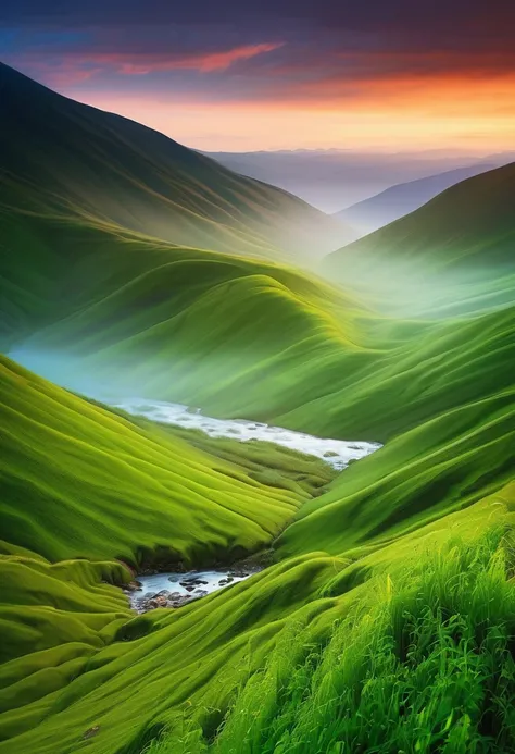 in style of Bess Hamiti, stunning natural landscape, a stream winds through mist-covered green hills